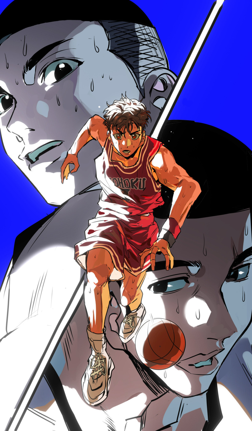 absurdres ball basketball_(object) basketball_jersey basketball_uniform blue_background character_request highres red_shirt red_shorts running sakuragi_hanamichi shirt shoes shorts simple_background slam_dunk_(series) sleeveless sleeveless_shirt sneakers sportswear sweatdrop xi_luo_an_ya