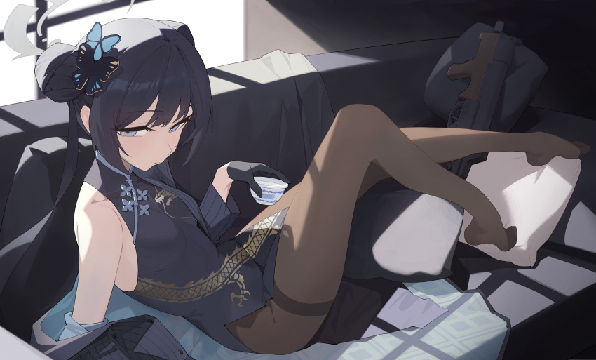 1girl absurdres ass black_dress black_gloves black_hair black_pantyhose blue_archive blush breasts butterfly_hair_ornament china_dress chinese_clothes double_bun dragon_print dress gloves grey_eyes grey_halo gun hair_bun hair_ornament halo highres kisaki_(blue_archive) long_hair looking_at_viewer no_shoes pantyhose small_breasts solo sukaliya twintails weapon
