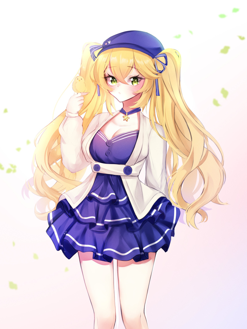 1girl absurdres blonde_hair blue_dress blue_headwear breasts cleavage closed_mouth dokibird_(vtuber) dragoon_(dokibird) dress feet_out_of_frame green_eyes hair_between_eyes hat highres indie_virtual_youtuber jacket large_breasts lisnezuko long_hair long_sleeves looking_at_viewer simple_background solo standing twintails virtual_youtuber white_background white_jacket