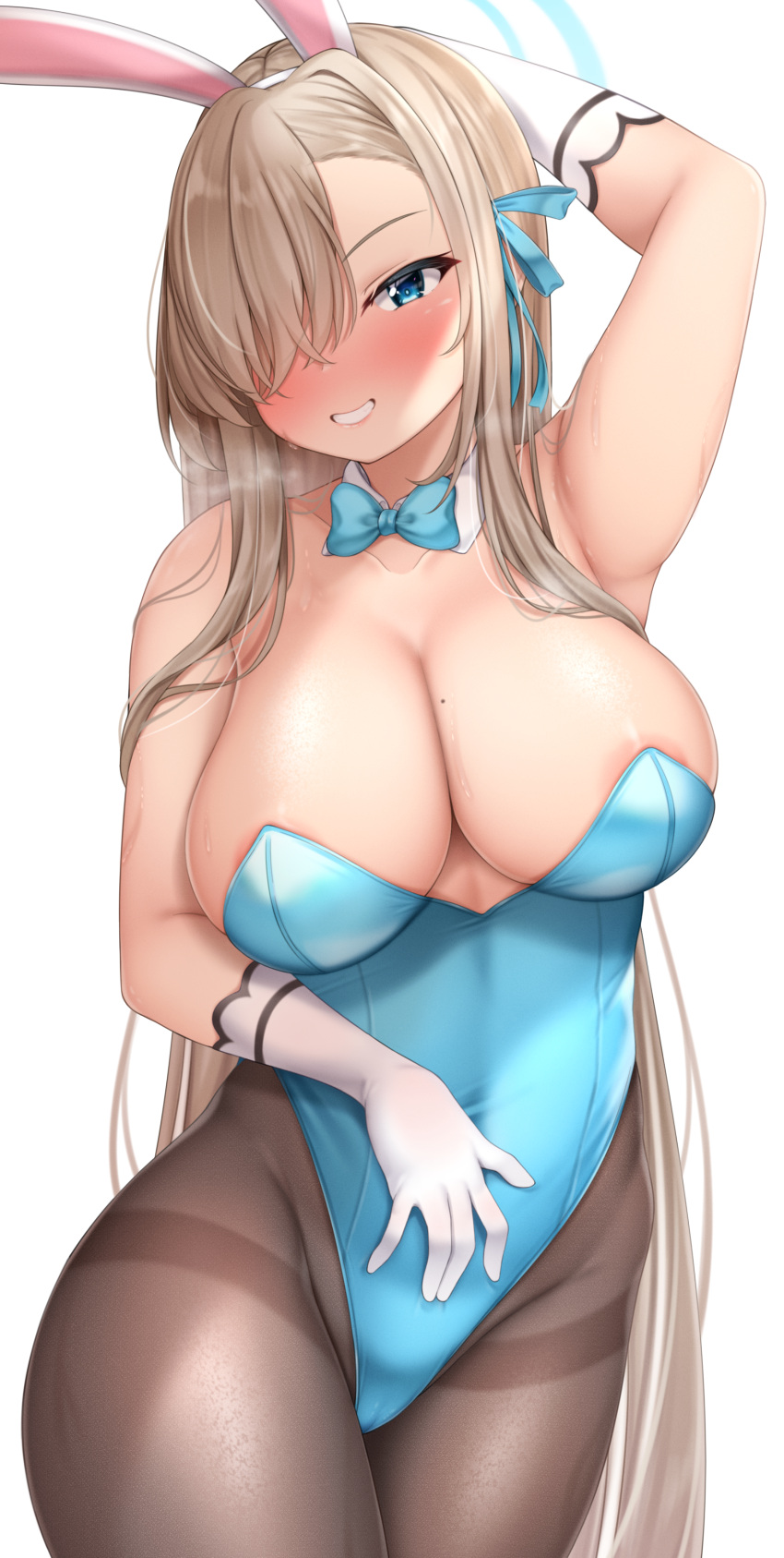 1girl absurdres animal_ears areola_slip areolae arm_up asuna_(blue_archive) bangs black_legwear blue_archive blue_eyes blush breasts cameltoe cleavage commentary covered_navel detached_collar elbow_gloves gloves grin hair_over_one_eye halo highres large_breasts leotard light_brown_hair lomocya long_bangs long_hair looking_at_viewer mole mole_on_breast pantyhose playboy_bunny rabbit_ears sidelocks simple_background smile solo very_long_hair white_background white_gloves
