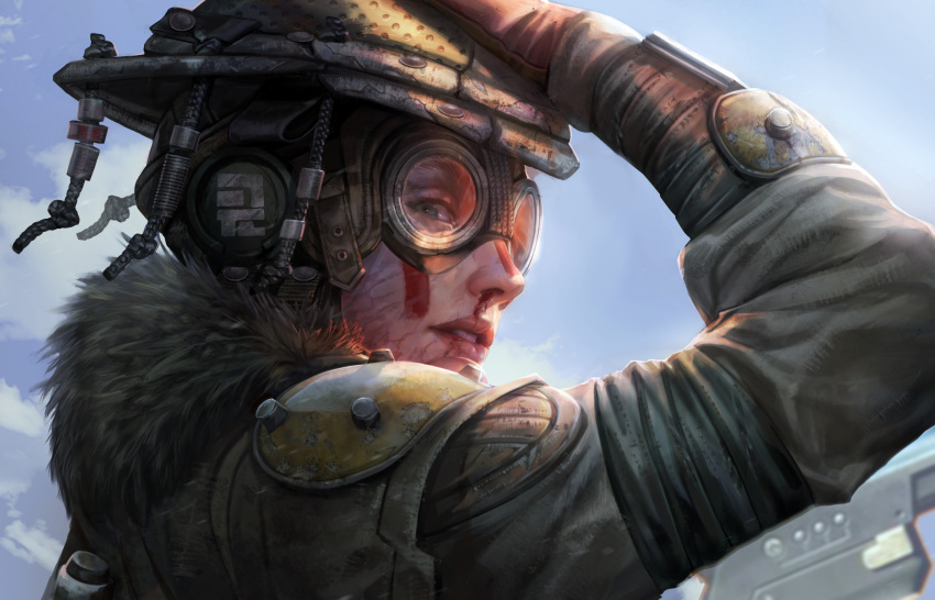 1other androgynous apex_legends blood bloodhound_(apex_legends) blue_eyes brown_jacket cloud eleonora_lisi english_commentary from_side fur-trimmed_jacket fur_trim gloves goggles hand_on_headwear helmet highres jacket l-star looking_at_viewer nosebleed parted_lips portrait realistic red_gloves scar sky solo