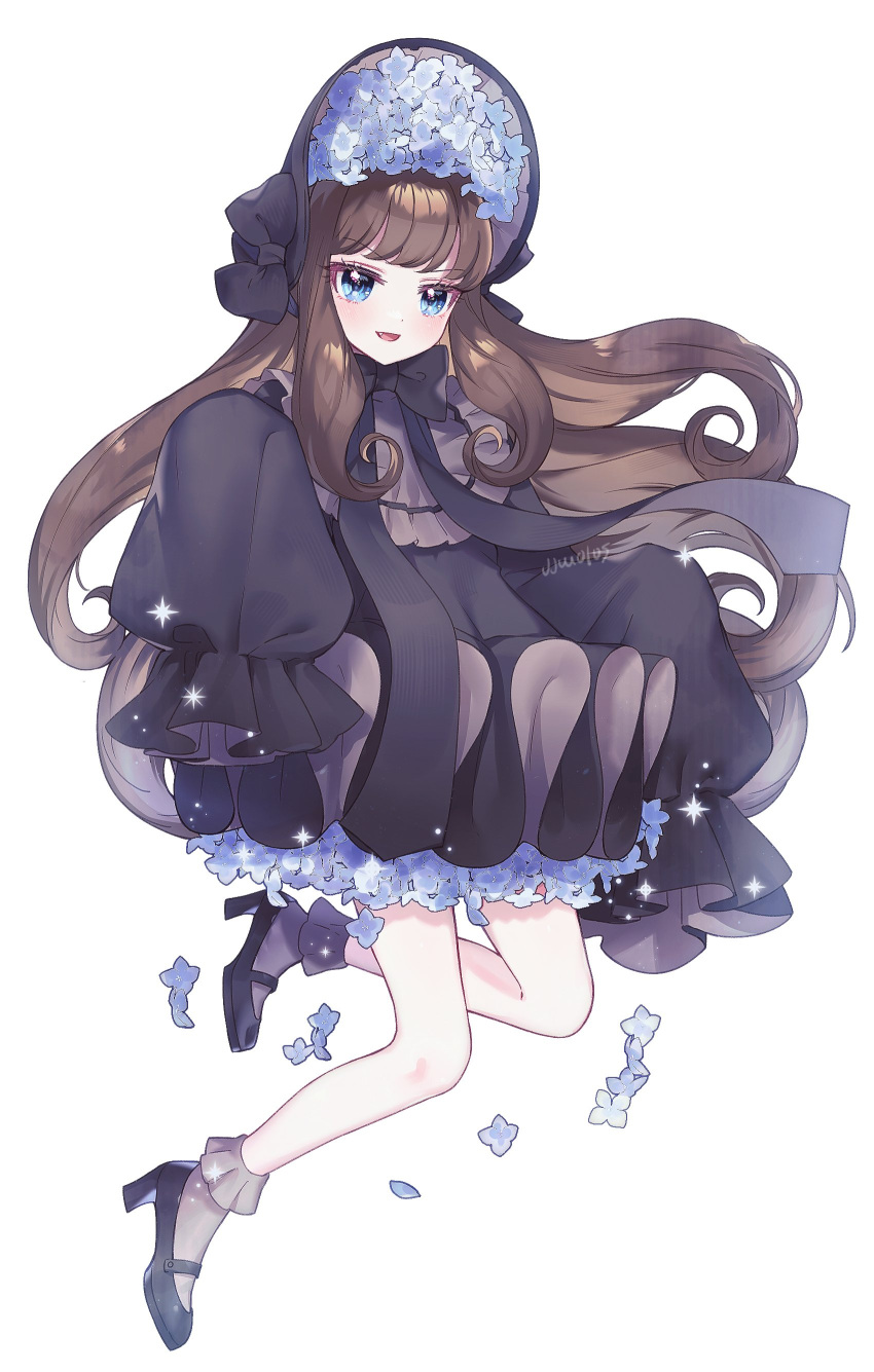 1girl :d absurdres black_dress black_footwear black_headwear black_ribbon blue_eyes blue_flower bonnet brown_hair collared_dress dress fang flower full_body grey_socks high_heels highres jjuu0105 kurosu_aroma long_hair long_ribbon long_sleeves looking_at_viewer neck_ribbon open_mouth pretty_series pripara puffy_long_sleeves puffy_sleeves ribbon shoes simple_background sleeves_past_fingers sleeves_past_wrists smile socks solo very_long_hair white_background