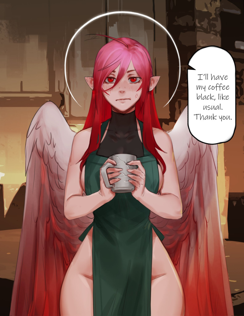 1girl ahoge angel_wings anger_vein apron bare_arms bare_shoulders barista blush bottomless breasts commentary covered_collarbone cowboy_shot crack crushing cup ear_blush english_commentary english_text frown green_apron groin hair_between_eyes halo haohi_(less) highres holding holding_cup iced_latte_with_breast_milk_(meme) indoors large_breasts less long_hair looking_at_viewer meme mug nearly_naked_apron no_panties original pointy_ears pov red_eyes red_hair sideboob solo speech_bubble starbucks wings