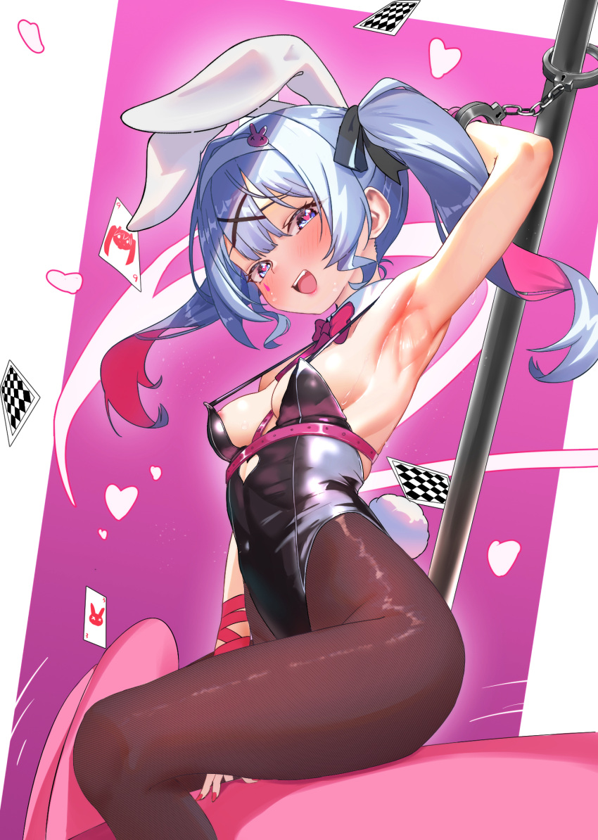 1girl animal_ears areola_slip arm_up armpits bare_shoulders black_leotard blue_eyes blush bound bow bowtie clothing_cutout cuffs cutout_above_navel detached_collar dongchuan fake_animal_ears floating_card hair_ornament hairclip handcuff_dangle handcuffs hatsune_miku heart heart_cutout highres leotard looking_at_viewer pantyhose pink_pupils playboy_bunny pole rabbit_ears rabbit_hole_(vocaloid) ribbon ribbon_bondage smile solo spring_rider stripper_pole teardrop_facial_mark twintails x_hair_ornament