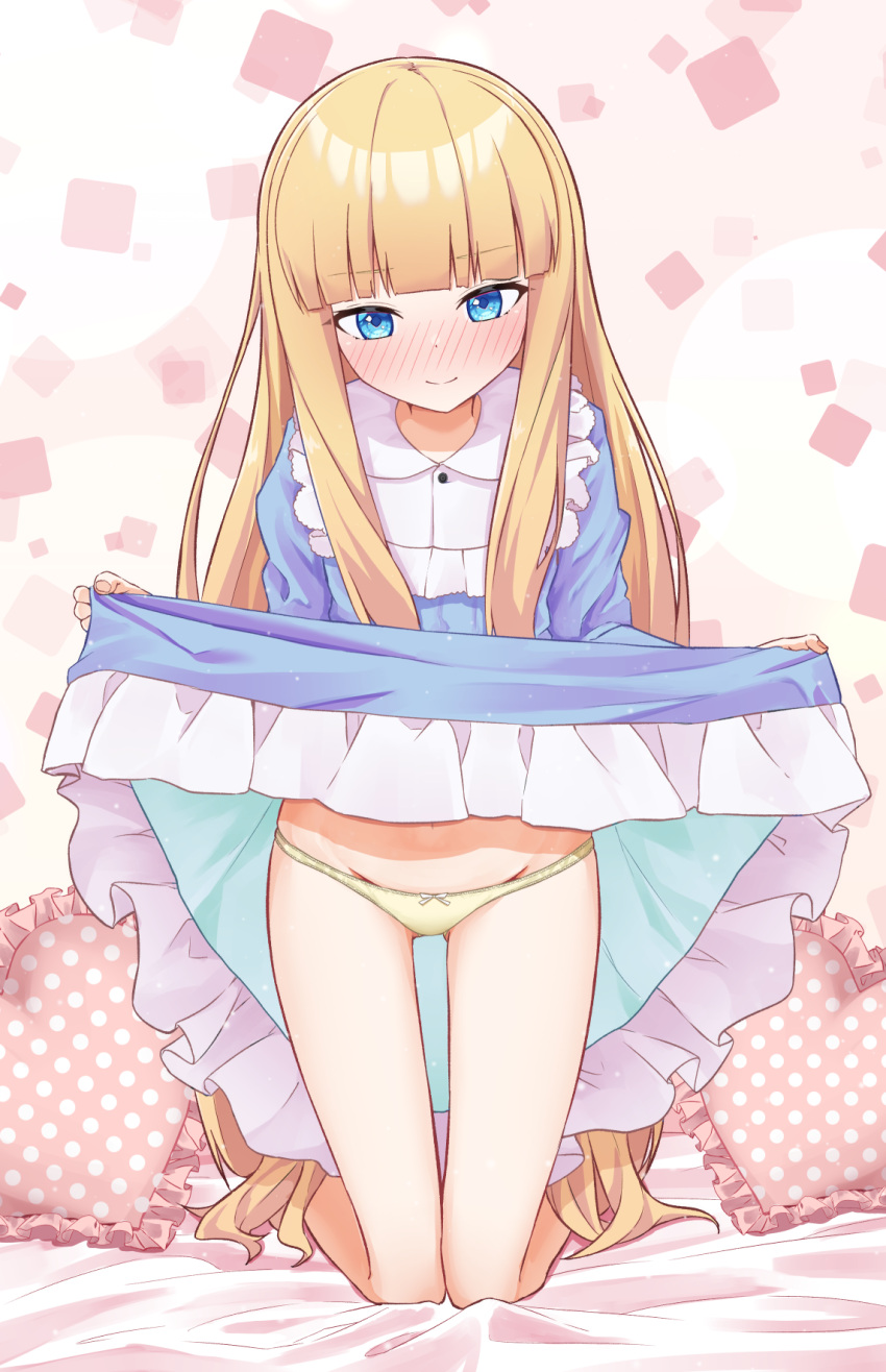 1girl ass_visible_through_thighs blonde_hair blue_dress blue_eyes blush bow bow_panties closed_mouth clothes_lift commentary_request dress dress_lift frilled_dress frilled_pillow frills groin heart heart-shaped_pillow highres kneeling lifted_by_self long_hair long_sleeves looking_at_viewer nenosame nose_blush original panties pillow polka_dot_pillow smile solo thigh_gap underwear very_long_hair yellow_panties