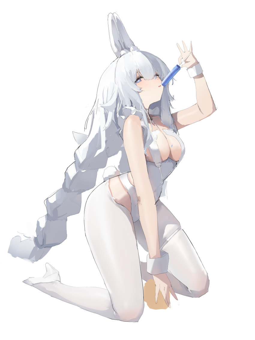 1girl absurdres alternate_breast_size animal_ears azur_lane blue_eyes braid breasts commentary cross-shaped_pupils fake_animal_ears fake_tail food grey_hair high_heels highres large_breasts le_malin_(azur_lane) le_malin_(listless_lapin)_(azur_lane) leaning_forward leotard long_hair low_twin_braids lump_saury nontraditional_playboy_bunny pantyhose popsicle rabbit_ears rabbit_tail simple_background sketch solo symbol-shaped_pupils tail thigh_strap twin_braids very_long_hair white_background white_footwear white_leotard white_pantyhose wrist_cuffs
