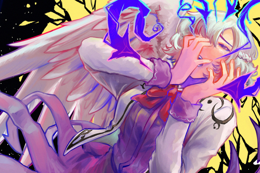 1girl bow bowtie braid commentary_request dress feathered_wings french_braid hand_on_own_face hands_up jacket kishin_sagume long_sleeves open_clothes open_jacket open_mouth purple_dress purple_eyes red_bow red_bowtie rlwezar short_hair single_wing solo touhou upper_body white_hair white_jacket white_wings wings