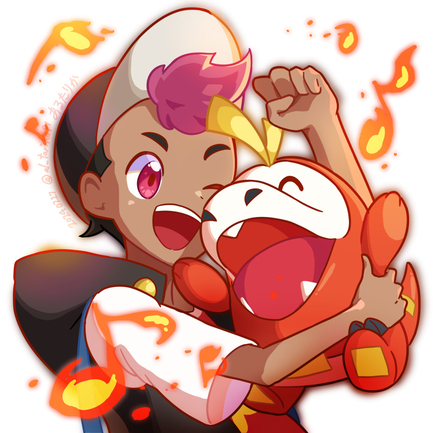 1boy ;d arutarika_(ri_kaoekaki) clenched_hand commentary_request dark-skinned_male dark_skin fire fuecoco happy highres holding holding_pokemon hood hood_down hooded_vest hoodie male_focus one_eye_closed open_mouth pink_eyes pokemon pokemon_(anime) pokemon_(creature) pokemon_horizons roy_(pokemon) shirt short_sleeves smile vest white_background white_shirt