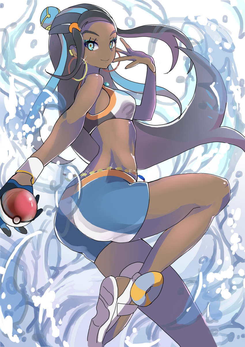 1girl absurdres armlet ass bare_arms bare_legs bare_shoulders belly_chain black_hair blue_eyes blue_eyeshadow blue_hair breasts crop_top dark-skinned_female dark_skin dynamax_band earrings eyeshadow gloves gold_earrings hair_bun highres holding holding_poke_ball hoop_earrings jewelry long_hair makeup midriff multicolored_hair necklace nessa_(pokemon) parted_hair poke_ball poke_ball_(basic) pokemon pokemon_swsh shorts single_glove single_hair_bun solo sports_bra streaked_hair two-tone_hair yoshioka_pochi