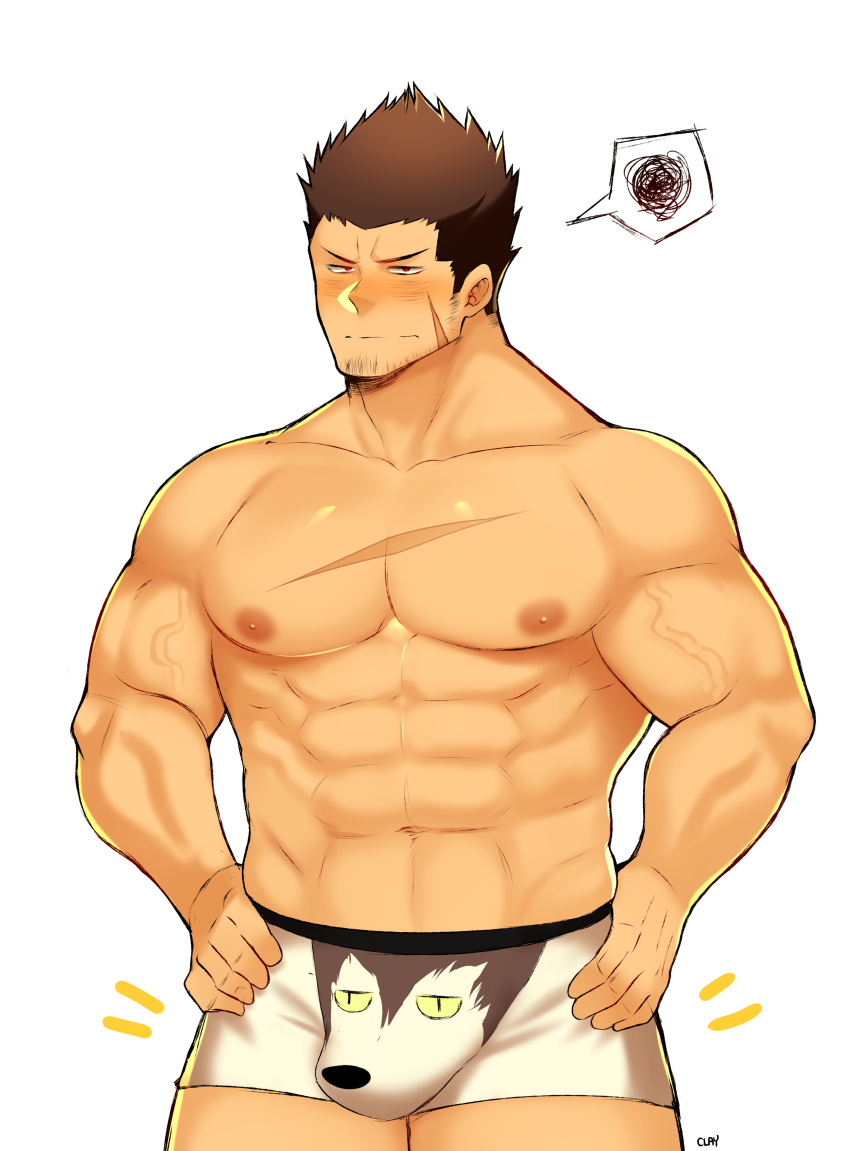 1boy abs absurdres animal_print bara blush boxer_briefs brown_hair bulge cowboy_shot embarrassed facial_hair fujimachine_(clayten) goatee hand_on_hip highres large_pectorals male_focus male_underwear mature_male muscular muscular_male navel nipples pectorals print_male_underwear scar scar_on_chest short_hair sideburns solo spiked_hair stomach stubble thick_thighs thighs topless_male underwear underwear_only veins white_male_underwear wolf_print