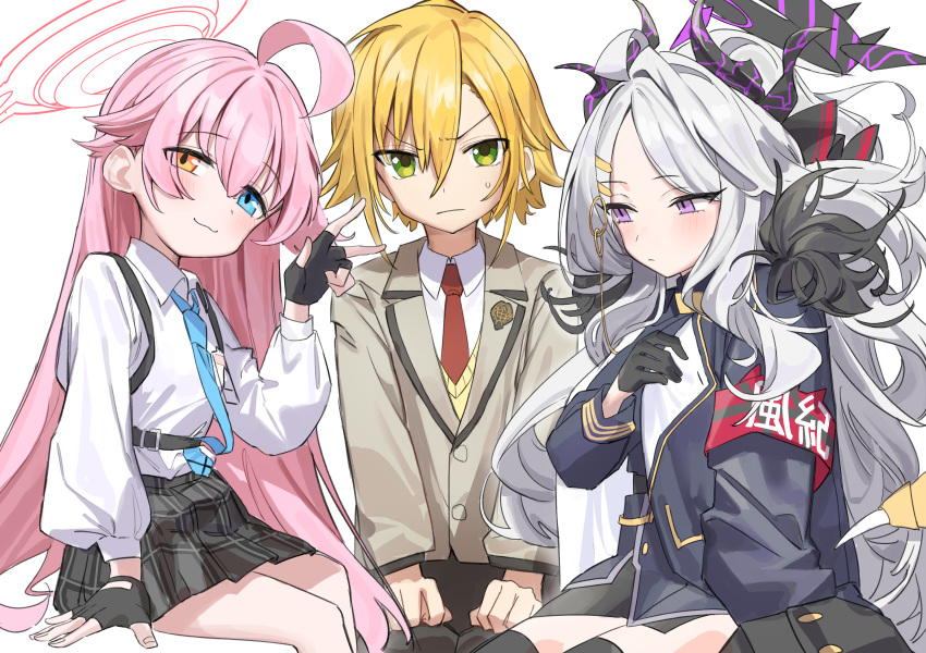 1boy 2girls :3 absurdres ahoge armband black_gloves blonde_hair blue_archive blue_necktie closed_mouth collared_shirt crossover fingerless_gloves girl_sandwich gloves green_eyes hair_between_eyes halo haruyuki_(gffewuoutgblubh) heterochromia highres hina_(blue_archive) horns hoshino_(blue_archive) jacket long_hair long_sleeves looking_at_viewer multiple_girls necktie nijisanji pink_hair purple_eyes red_armband red_necktie sandwiched shirt simple_background sitting sweat uzuki_kou very_long_hair virtual_youtuber white_background white_shirt