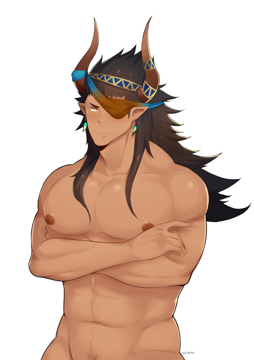 1boy abs absurdres animal_ears bara black_hair blush completely_nude cow_boy cow_ears cow_horns cowboy_shot crossed_arms dark-skinned_male dark_skin ear_piercing eyepatch fujimachine_(clayten) granblue_fantasy highres horns large_pectorals long_hair looking_at_viewer male_focus male_pubic_hair muscular muscular_male navel navel_hair nipples nude out-of-frame_censoring pectorals piercing pubic_hair reinhardtzar sideburns solo stomach white_background