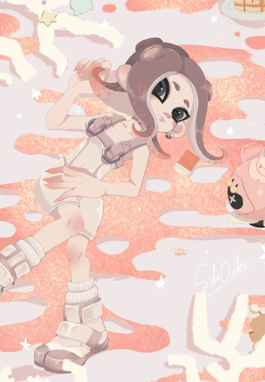 1girl agent_8_(splatoon) bodysuit brown_hair closed_mouth commentary_request copyright_name coral drone earrings grey_eyes highres io_chan64 jewelry lying medium_hair non-humanoid_robot octoling octoling_girl octoling_player_character on_back pearl_drone_(splatoon) robot shoes sleeveless sleeveless_bodysuit socks splatoon_(series) splatoon_3 splatoon_3:_side_order star_(symbol) tentacle_hair thick_eyebrows white_bodysuit white_footwear white_socks