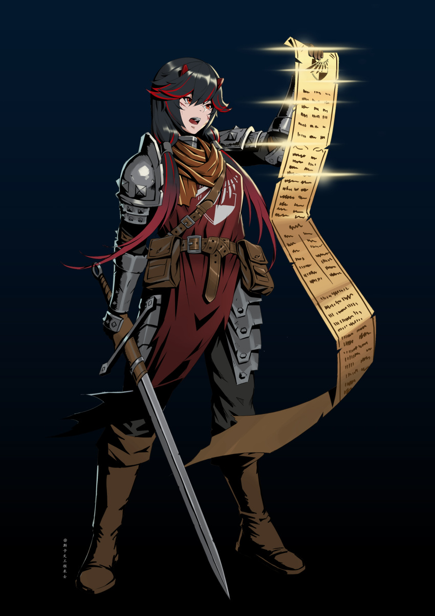 1girl absurdres alternate_costume armor black_background black_hair black_pants boots brown_footwear brown_scarf cosplay crusader_(darkest_dungeon) crusader_(darkest_dungeon)_(cosplay) darkest_dungeon full_body gradient_hair hair_between_eyes hair_over_shoulder highres holding holding_sword holding_weapon lucia:_plume_(punishing:_gray_raven) lucia_(punishing:_gray_raven) multicolored_hair open_mouth orange_eyes pants punishing:_gray_raven red_eyes red_hair red_robe robe scar scar_on_cheek scar_on_face scarf shoulder_armor sidelocks skaven_gongcheng_shushi solo streaked_hair sword teeth twintails upper_teeth_only weapon