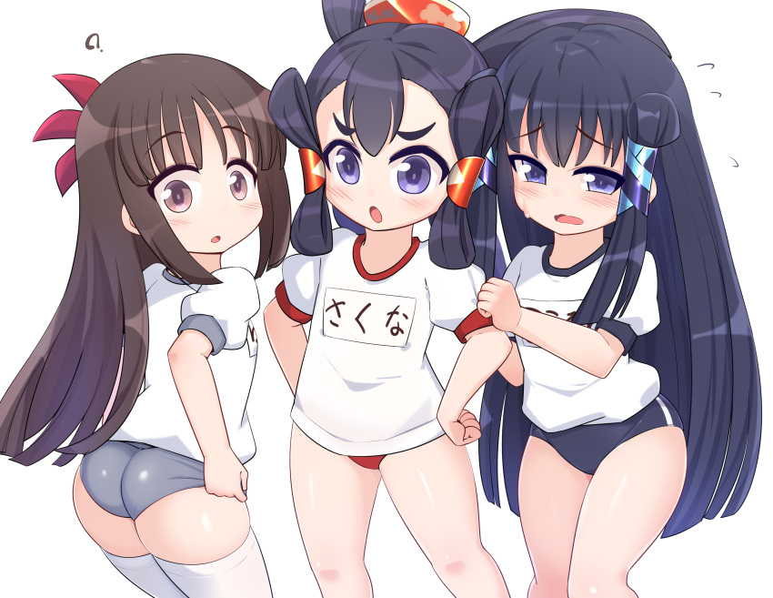 3girls absurdres ass black_hair blue_buruma blue_eyes blush brown_hair buruma embarrassed grey_buruma gym_uniform hair_tubes highres kokorowa-hime kurokoshou_(emuburemu123) long_hair looking_at_another mizura multiple_girls name_tag open_mouth pink_eyes red_buruma sakuna-hime simple_background tensui_no_sakuna-hime thighhighs white_background white_thighhighs yui_(tensui_no_sakuna-hime)