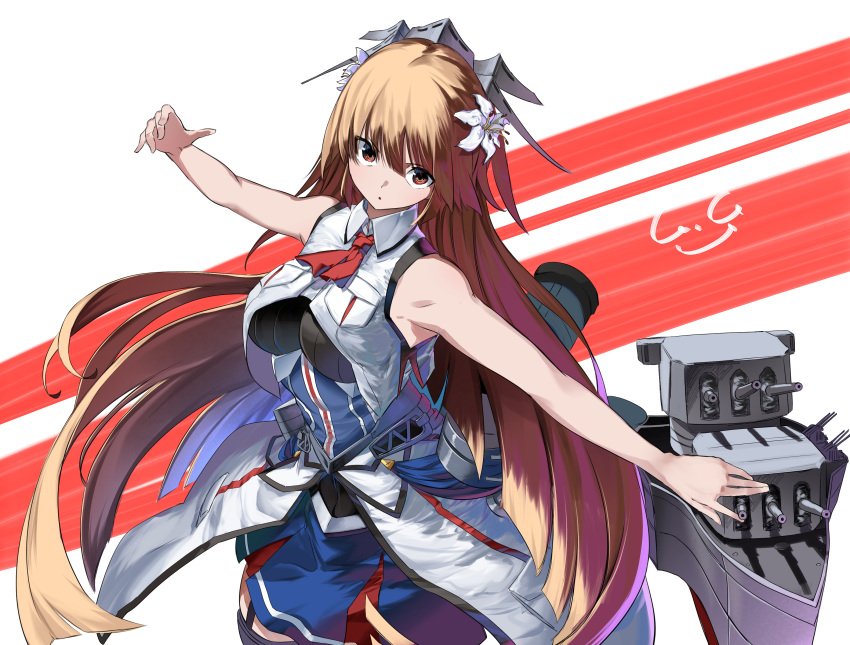 1girl absurdres adapted_turret ascot blonde_hair breast_pocket breasts brooklyn_(kancolle) cannon dress flower gegeron hair_flower hair_ornament headgear highres jacket kantai_collection large_breasts long_hair looking_at_viewer machinery overskirt pocket red_ascot red_eyes rigging shirt signature sleeveless sleeveless_jacket solo turret white_background white_flower white_jacket