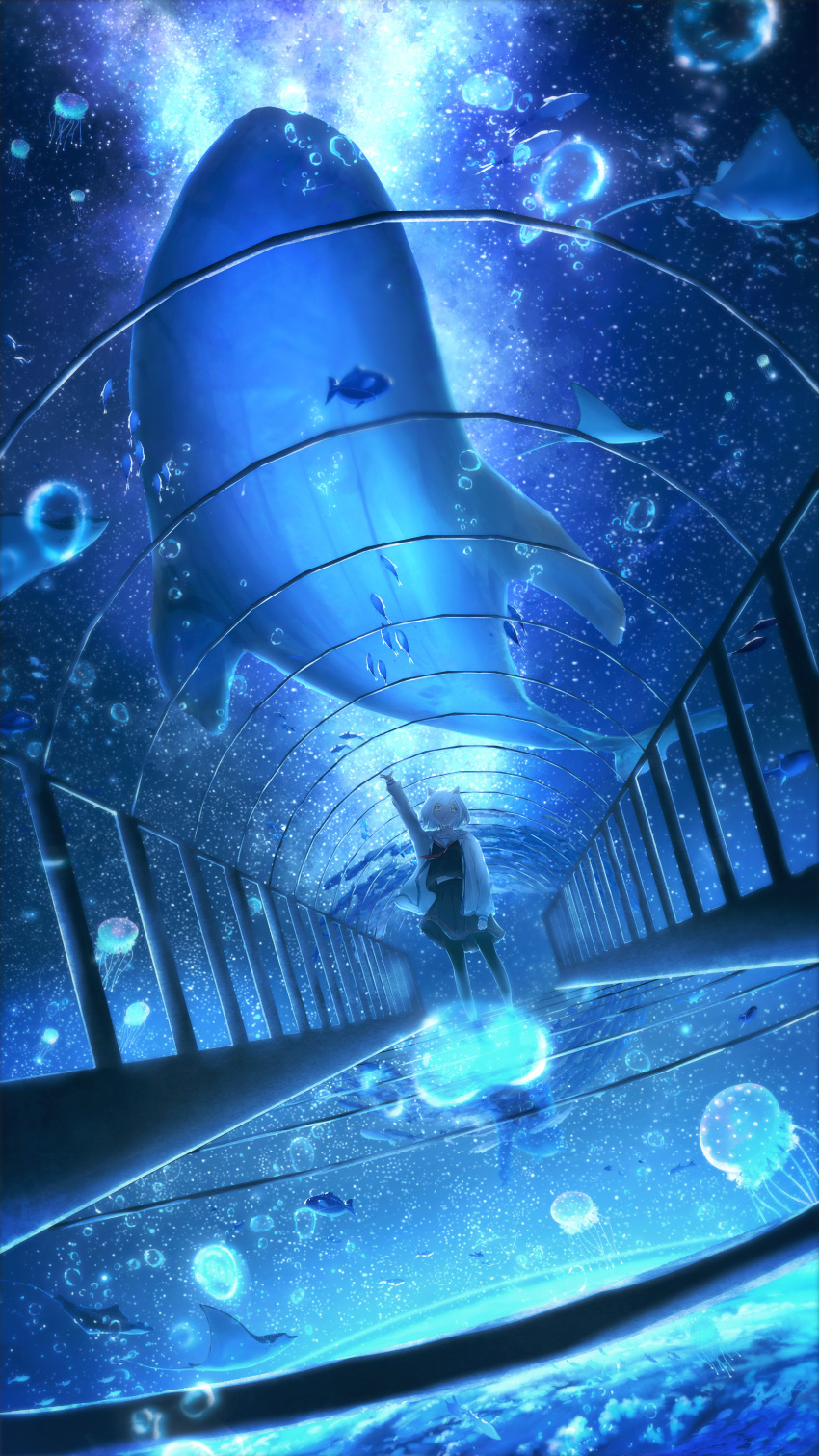 1girl absurdres arm_up black_shirt black_skirt blue_theme commentary_request fish full_body highres hoshino_mizuki_(hoshino_263f) jellyfish milky_way original scenery school_uniform shirt skirt sky solo standing star_(sky) starry_sky very_wide_shot whale white_hair