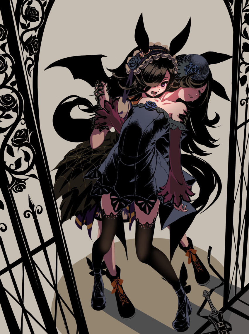 2girls absurdres animal_ears bare_shoulders bat_wings black_footwear black_hair black_skirt black_thighhighs blue_dress blue_headwear blush boots breasts closed_eyes dagger detached_sleeves dress dual_persona eiji_(azykoubou) fangs flower frilled_hairband frills hair_over_one_eye hairband hand_on_another's_shoulder hat hat_flower high_heels highres holding_hands horse_ears horse_girl horse_tail knife long_hair multiple_girls open_mouth rice_shower_(make_up_vampire!)_(umamusume) rice_shower_(umamusume) shadow sheath sheathed shirt skirt small_breasts standing strapless strapless_dress sweat tail thighhighs umamusume weapon white_shirt wings
