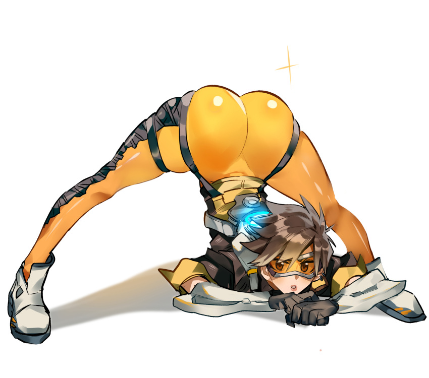 1girl ass bomber_jacket brown_eyes brown_hair full_body goggles highres jack-o'_challenge jacket open_mouth overwatch overwatch_1 pants shadow short_hair simple_background solo spiked_hair top-down_bottom-up tracer_(overwatch) white_background white_footwear xi_luo_an_ya yellow_pants