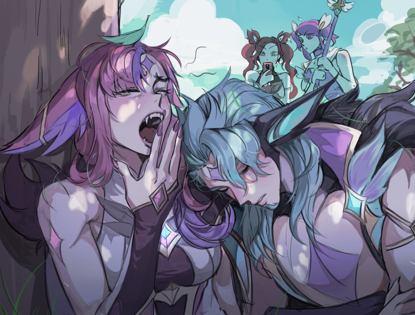 1boy 1girl 3_baenam 3girls animal_ears blue_hair closed_eyes facial_mark forehead_mark fox_ears head_on_another's_shoulder highres holding holding_phone jinx_(league_of_legends) leaf leaf_on_head league_of_legends long_hair lux_(league_of_legends) multiple_girls official_alternate_costume outdoors phone pink_hair pink_nails purple_hair rakan_(league_of_legends) sharp_teeth sleeping star_guardian_(league_of_legends) star_guardian_jinx star_guardian_lux star_guardian_rakan star_guardian_xayah teeth xayah yawning