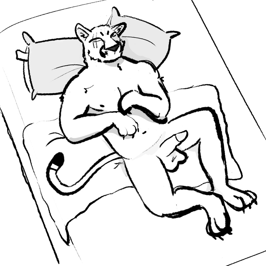 andromorph animal_genitalia anthro balls bed bulge cougar detailed_bulge dickinoatmeal felid feline furniture genital_outline genitals hi_res hindpaw humanoid intersex luca_(dickinoatmeal) lying lying_on_bed male mammal markings on_bed paws sheath sheath_outline solo tail tail_markings