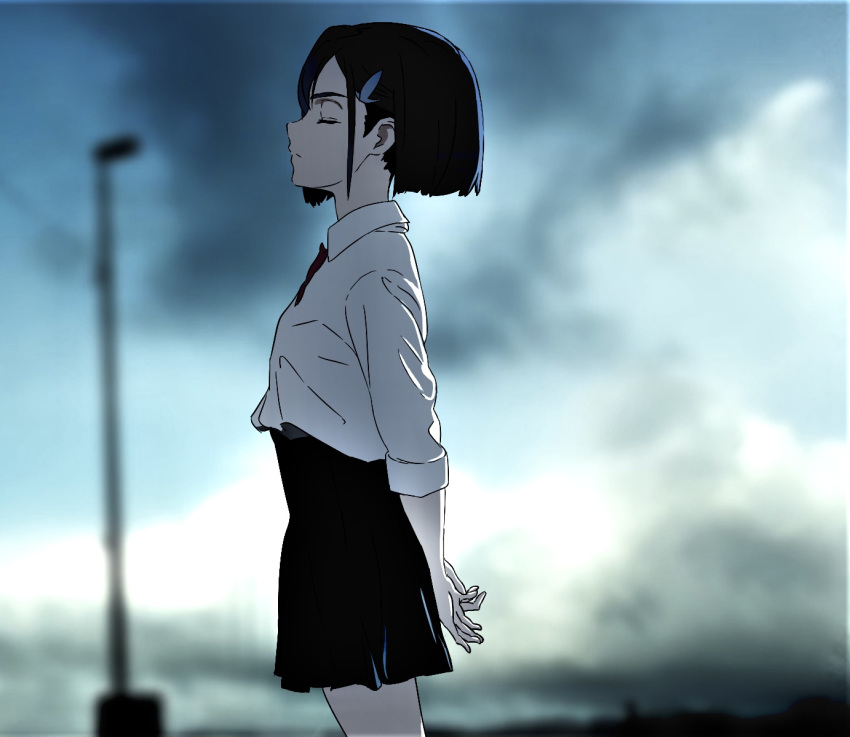 1girl arms_behind_back black_bow black_bowtie black_hair black_skirt blurry blurry_background bob_cut bow bowtie breasts closed_eyes closed_mouth cloud cloudy_sky collared_shirt commentary cowboy_shot darling_in_the_franxx day depth_of_field dress_shirt facing_to_the_side from_side grey_sky hair_ornament hairclip high-waist_skirt ichigo_(darling_in_the_franxx) kira_yuu lamppost long_sleeves profile school_uniform shirt short_hair skirt sky small_breasts solo standing white_shirt