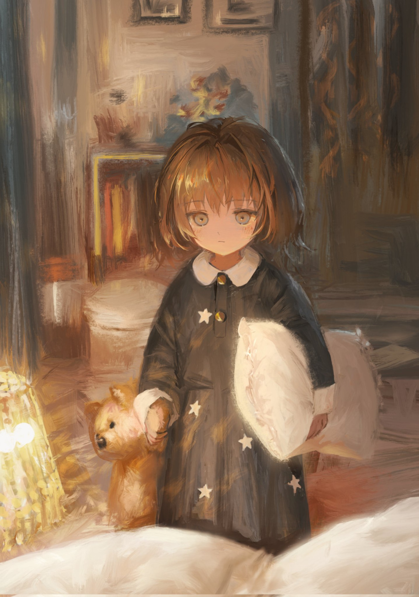 1girl bed bed_sheet black_jacket brown_hair expressionless flower highres holding holding_pillow jacket kouka_(mrakano5456) looking_at_viewer original pajamas pillow short_hair sketch solo star_(symbol) stuffed_animal stuffed_toy teddy_bear