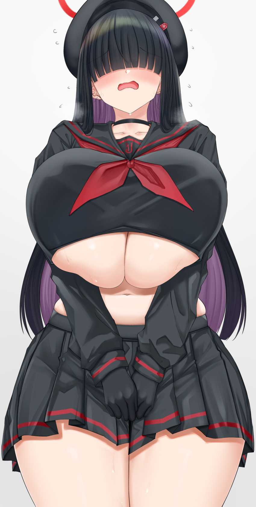1girl aged_up alternate_breast_size beret black_gloves black_hair black_headwear black_sailor_collar black_serafuku black_skirt blue_archive blush breasts chomikuplus cowboy_shot gigantic_breasts gloves halo hat highres justice_task_force_member_(blue_archive) long_hair long_sleeves navel neckerchief open_mouth pleated_skirt red_halo red_neckerchief sailor_collar school_uniform serafuku simple_background skirt solo underboob white_background