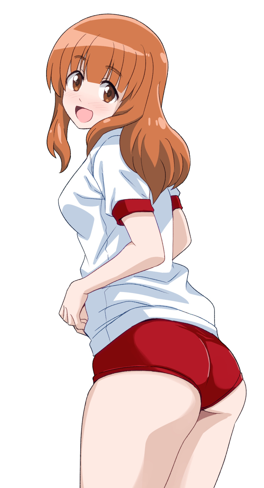 1girl ass blunt_bangs buruma commentary cowboy_shot from_behind girls_und_panzer gym_shirt gym_uniform highres leaning_forward long_hair looking_at_viewer looking_back open_mouth orange_eyes orange_hair ponzu_rui red_buruma shirt short_sleeves simple_background smile solo standing t-shirt takebe_saori white_background white_shirt