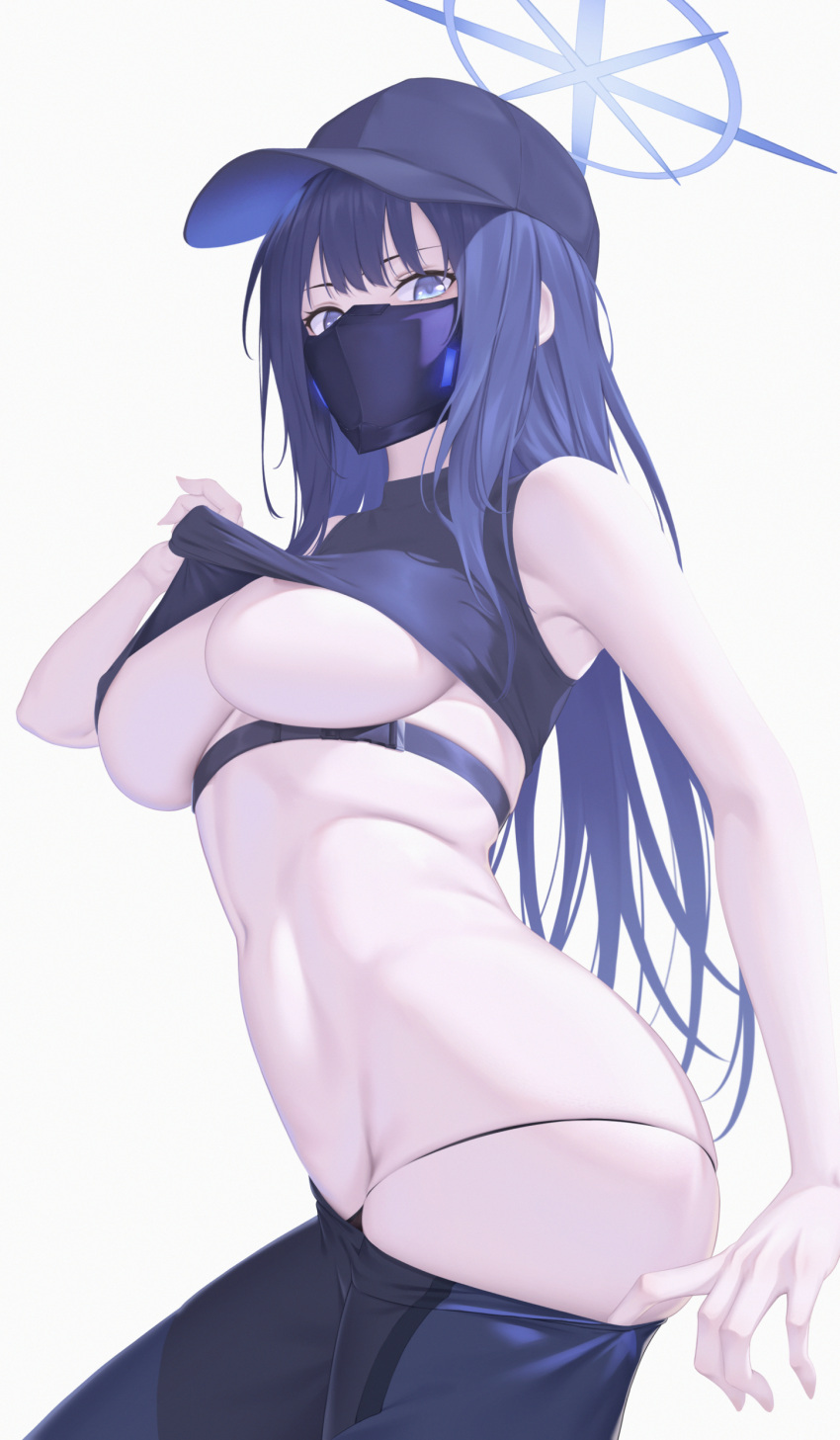 1girl absurdres baseball_cap black_hair black_headwear black_panties black_pants black_shirt blue_archive blue_eyes breasts clothes_pull hat highres looking_at_viewer mask mouth_mask navel nmi panties pants pants_pull saori_(blue_archive) shirt sleeveless sleeveless_shirt solo underboob underwear