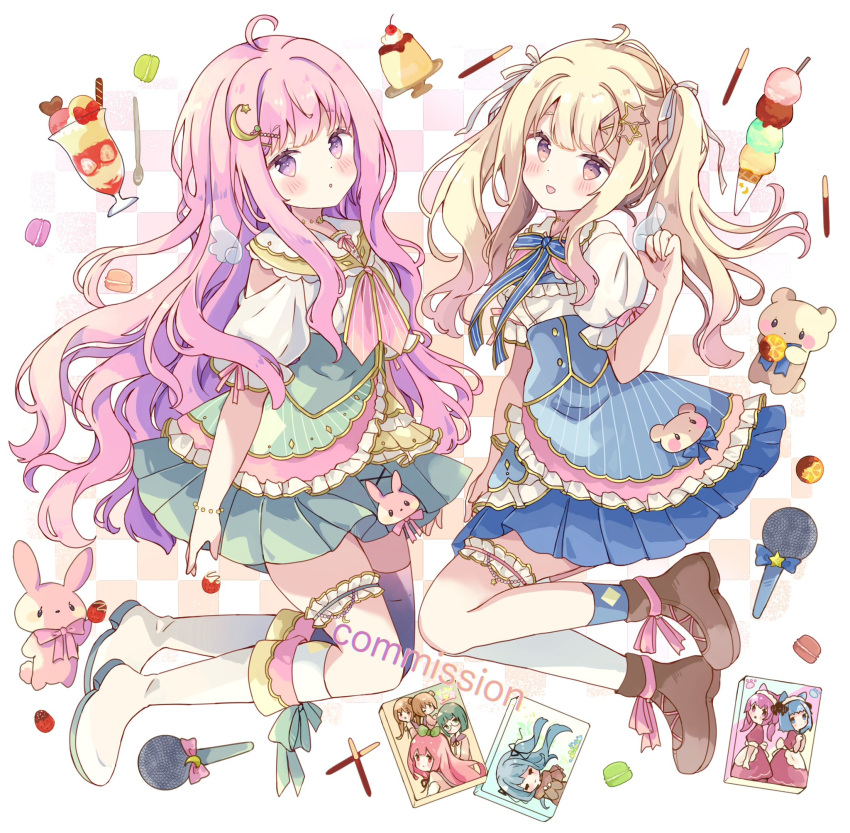 2girls :d :o ahoge animal bear blonde_hair blue_skirt blush boots brown_eyes brown_footwear checkered_background cherry collared_shirt commentary_request commission crescent crescent_hair_ornament food fruit green_skirt hair_ornament highres ice_cream_cone knee_boots long_hair looking_at_viewer macaron microphone multiple_girls original parfait parted_lips pink_hair pleated_skirt pocky pudding puffy_short_sleeves puffy_sleeves purple_eyes quadruple_scoop rabbit shirt short_sleeves single_thighhigh skeb_commission skirt smile spoon star_(symbol) star_hair_ornament thighhighs tsukiyo_(skymint) twintails very_long_hair white_background white_footwear white_shirt white_thighhighs