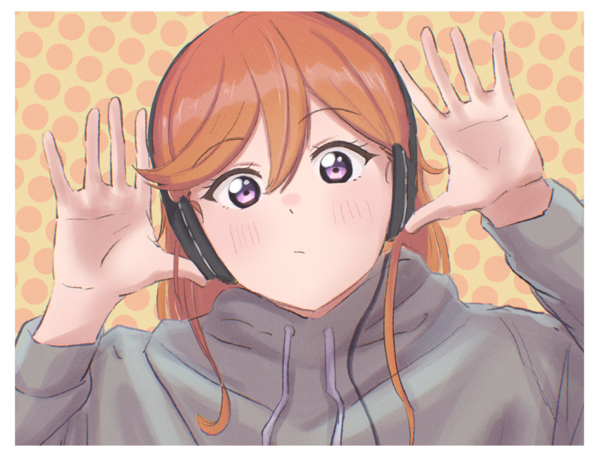 1girl absurdres against_glass blush border closed_mouth commentary english_commentary gomadare4869 grey_hoodie hair_between_eyes headphones highres hood hoodie long_sleeves looking_at_viewer love_live! love_live!_superstar!! medium_hair orange_hair polka_dot polka_dot_background purple_eyes shibuya_kanon solo upper_body white_border