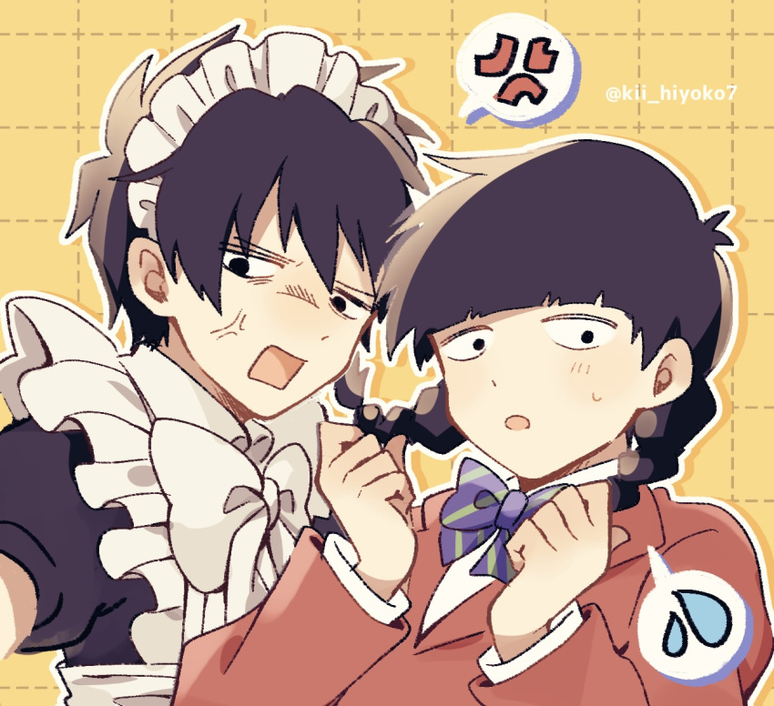 2boys anger_vein black_eyes black_hair bow bowtie braid brothers commentary_request crossdressing dotted_line grid_background jacket kageyama_ritsu kageyama_shigeo kii_hiyoko7 long_hair long_sleeves looking_at_viewer maid maid_headdress male_focus male_maid mob_psycho_100 multiple_boys open_mouth outline purple_bow purple_bowtie red_jacket school_uniform short_hair siblings simple_background spoken_anger_vein twin_braids twitter_username upper_body white_outline yellow_background