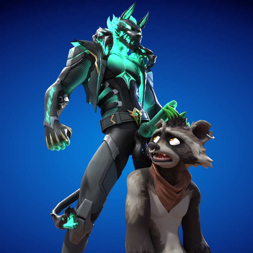 3_heads anthro canid canid_demon canine cerberus cerberus_(fortnite) demon duo epic_games european_mythology fortnite fortnite:_battle_royale genitals greek_mythology green_knot green_penis hellhound hi_res knot male male/male mammal mohawk multi_head mythological_canine mythological_creature mythology penis piercing procyonid raccoon rufus_(fortnite) vyrtek