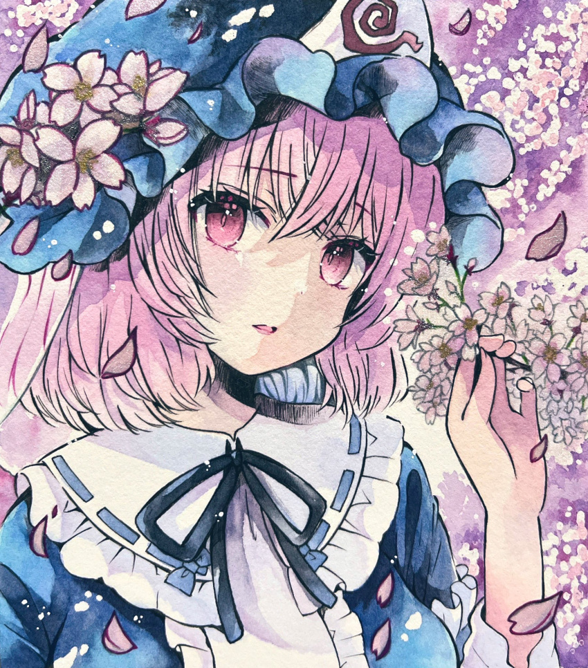 1girl black_ribbon blue_headwear blue_kimono cherry_blossoms closed_mouth falling_petals flower frilled_kimono frills hat hat_flower highres holding japanese_clothes kimono mob_cap neck_ribbon parted_lips petals pink_eyes pink_hair ribbon saigyouji_yuyuko solo touhou traditional_media triangular_headpiece yuzugoori