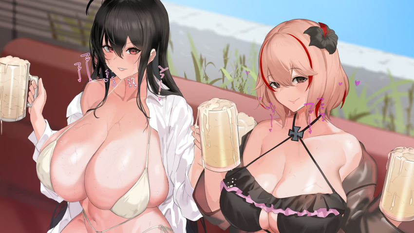 aji_(sakanaaj1) azur_lane bikini black_hair breasts cross cum cum_in_container cum_in_cup flower hair_flower hair_ornament highres iron_cross large_breasts midriff multicolored_hair nvel red_eyes roon_(azur_lane) streaked_hair sweat swimsuit taihou_(azur_lane) taihou_(temptation_on_the_sea_breeze)_(azur_lane)