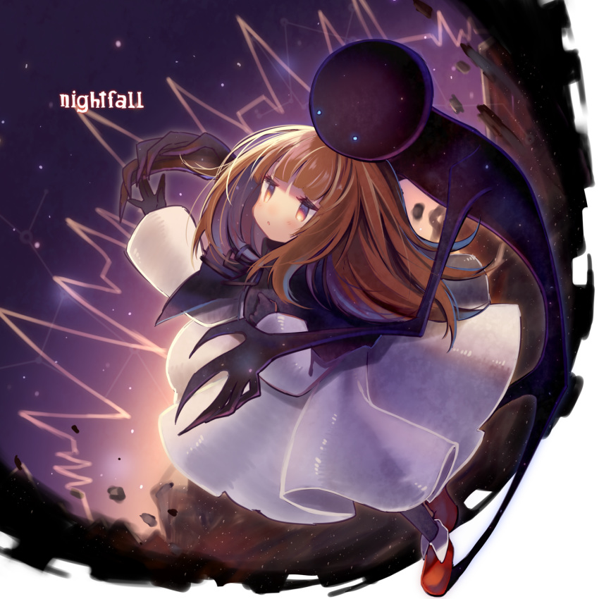 1boy 1girl black_capelet black_gloves black_pantyhose blue_eyes blunt_bangs boots brown_eyes brown_hair capelet claws clenched_hand collared_capelet commentary_request constellation deemo deemo_(character) dress dusk english_text full_body girl_(deemo) gloves hand_on_own_chest high_collar highres light_blush long_hair long_sleeves medium_dress night night_sky outstretched_hand pantyhose parted_lips pleated_skirt red_footwear rock shadow silhouette skirt sky solid_circle_eyes star_(sky) starry_sky usamata white_dress white_sleeves