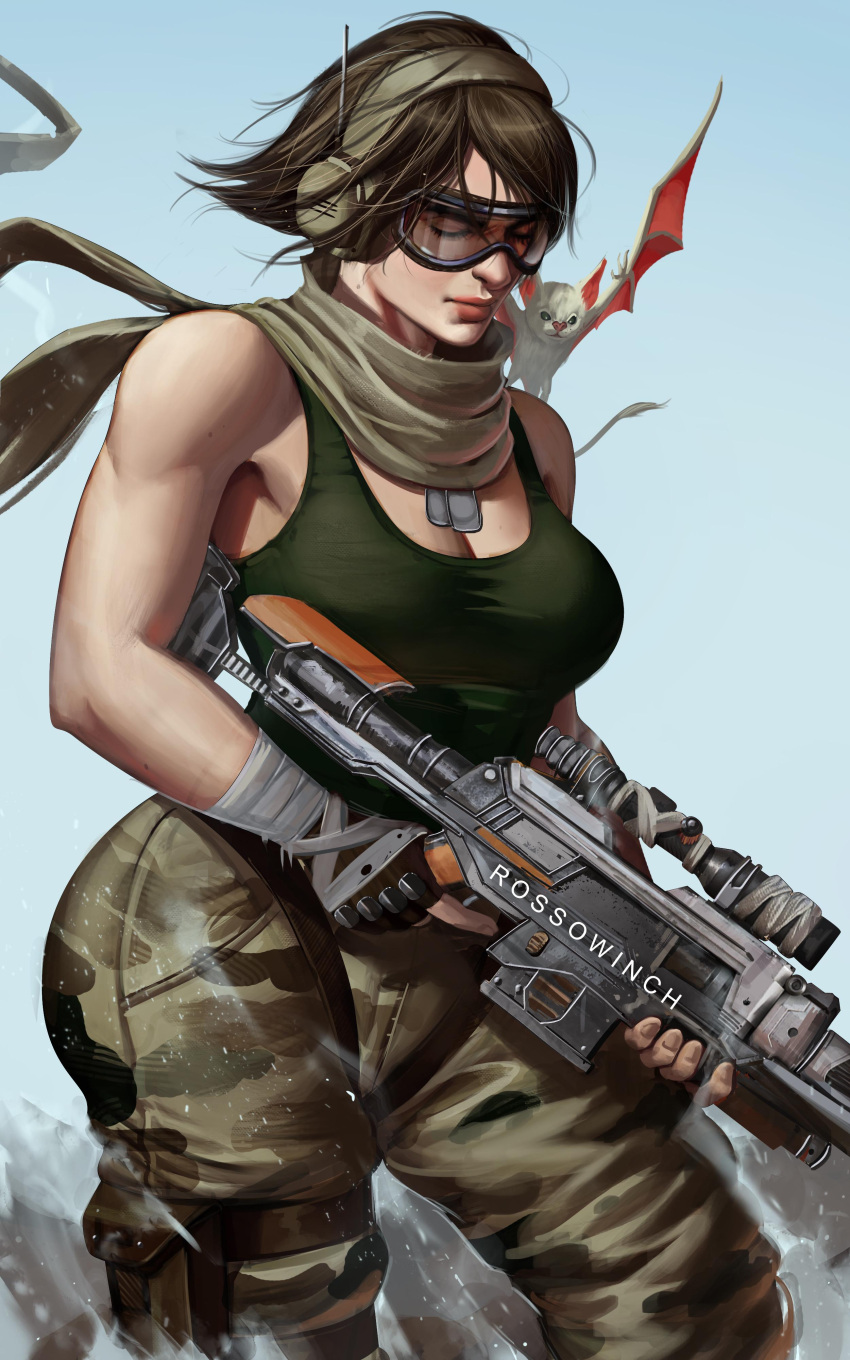 1girl a-13_sentry absurdres alternate_costume apex_legends artist_name ass bat_(animal) black_gloves black_tank_top breasts brown_hair brown_scarf camouflage camouflage_pants cleavage closed_eyes dog_tags echo_(apex_legends) english_commentary fingerless_gloves floating_hair gloves goggles green_pants gun headset highres holding holding_gun holding_weapon medium_breasts pants rifle rosso_winch scarf scope short_hair sniper_rifle solo tank_top vantage_(apex_legends) weapon