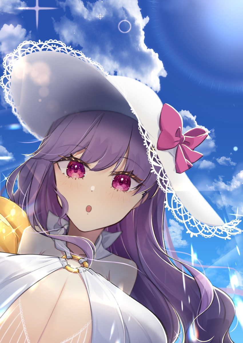 1girl blue_sky bow breasts cleavage cloud fate/grand_order fate_(series) hat hat_bow highres huge_breasts lens_flare long_hair o-ring o-ring_top passionlip_(fate) pink_eyes purple_hair sky sun_hat to_moyomoyo