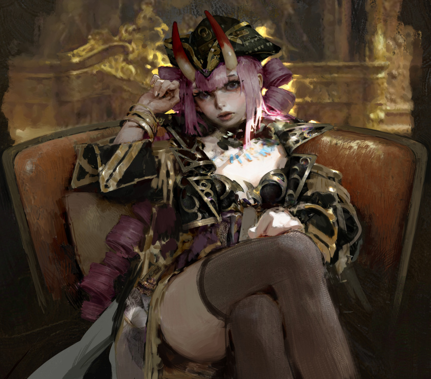 1girl black_headwear black_jacket blunt_bangs check_copyright copyright_request cropped_jacket crossed_legs demon_horns hand_up hat highres horns indoors jacket jewelry lips long_hair looking_at_viewer lucaxu1991 necklace on_chair original pink_hair pirate_hat ringlets sitting solo thighhighs