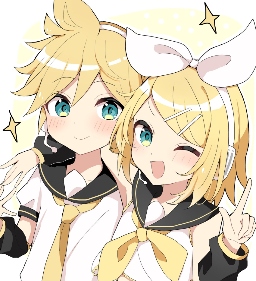 1boy 1girl :d ahoge arm_around_neck bare_shoulders black_sailor_collar black_sleeves blonde_hair blush bow brother_and_sister dani06685637224 detached_sleeves green_eyes hair_bow hair_ornament hairclip hand_on_another's_shoulder headphones headset highres kagamine_len kagamine_rin light_blush looking_at_viewer midriff_peek neckerchief necktie one_eye_closed open_mouth sailor_collar shirt short_hair short_sleeves siblings sleeveless sleeveless_shirt smile sparkle spiked_hair swept_bangs twins vocaloid yellow_background yellow_neckerchief yellow_necktie