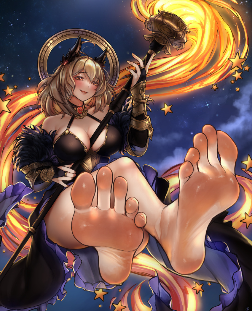 1girl absurdres bare_legs barefoot black_dress black_gloves black_horns blonde_hair blush breasts cleavage closed_mouth cloud commission dress elbow_gloves english_commentary feet fingerless_gloves foot_focus full_body fur-trimmed_dress fur_trim gloves gold_trim granblue_fantasy halo hecate_(granblue_fantasy) highres holding holding_staff horns invisible_chair jewelry large_breasts legs long_hair nikishiko pixiv_commission purple_background ring sitting sky smile soles solo staff star_(sky) star_(symbol) starry_sky thighs toes