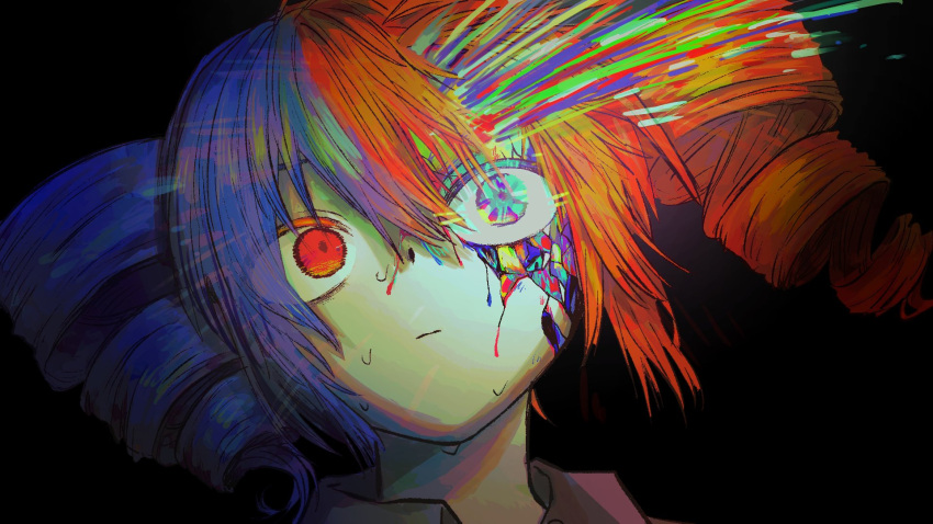 1girl black_background blood blue_hair broken_skin colored_skin colorful cracked_skin drill_hair heterochromia highres kasane_teto multicolored_eyes multicolored_hair multicolored_skin portrait red_eyes red_hair simple_background solo suuno_kamibukuro sweat twin_drills twintails utau