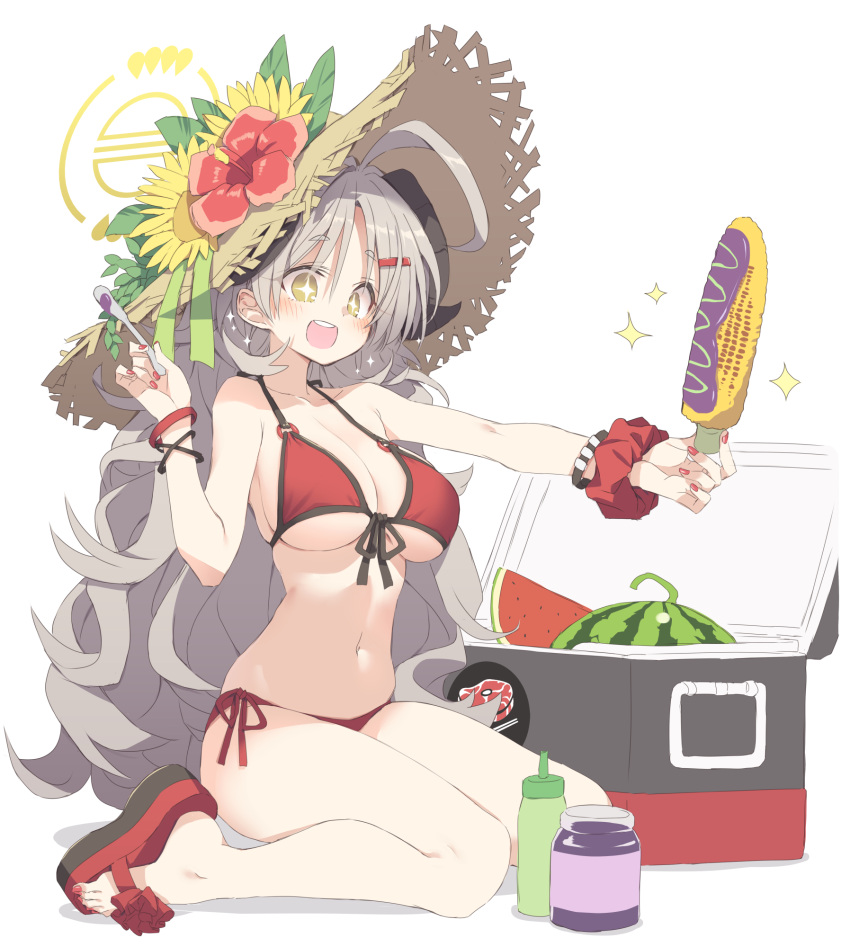 +_+ 1girl ahoge bikini black_horns blue_archive bottle breasts cleavage cooler corn_cob flower food fruit grey_hair halo hat hat_flower highres holding holding_food horns izumi_(blue_archive) izumi_(swimsuit)_(blue_archive) jar large_breasts long_hair nail_polish open_mouth red_bikini red_flower red_footwear red_nails sandals satou_kibi scrunchie simple_background sitting solo sparkle swimsuit very_long_hair watermelon white_background wrist_scrunchie yellow_eyes yellow_flower