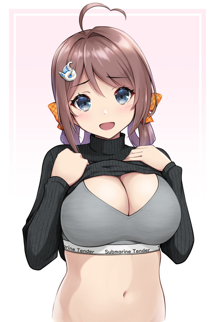 1girl ahoge black_sweater braid breasts brown_hair chougei_(kancolle) cleavage clothes_lift grey_eyes grey_sports_bra hair_rings highres kantai_collection kodama_(mmt_uf) large_breasts lifted_by_self long_hair navel ribbed_sweater solo sports_bra sweater sweater_lift twin_braids two-tone_swimsuit upper_body