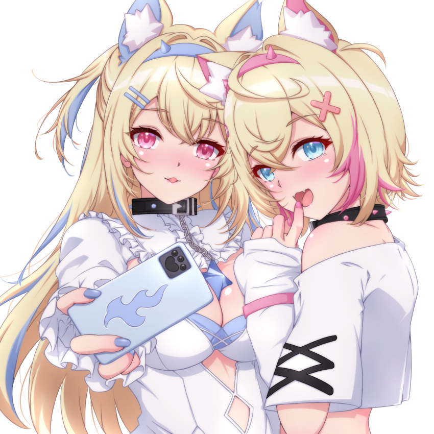 2girls animal_ears black_collar blonde_hair blue_eyes blue_hair blue_nails breasts cellphone cleavage collar commentary dog_ears dog_girl fingernails fuwawa_abyssgard hair_ornament hairclip highres holding holding_phone hololive hololive_english long_hair medium_breasts mococo_abyssgard multicolored_hair multiple_girls nail_polish open_mouth p-nekoe phone pink_hair red_eyes short_hair siblings simple_background sisters two-tone_hair upper_body virtual_youtuber white_background x_hair_ornament