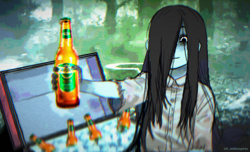 1girl artist_name beer_bottle black_eyes black_hair cerveza_cristal colored_skin commentary cooler dress english_commentary forest glass_bottle highres ice long_hair looking_at_viewer nature outdoors product_placement scanlines short_sleeves smile solo the_ring twitter_username upper_body very_long_hair wallace_pires white_dress white_skin yamamura_sadako