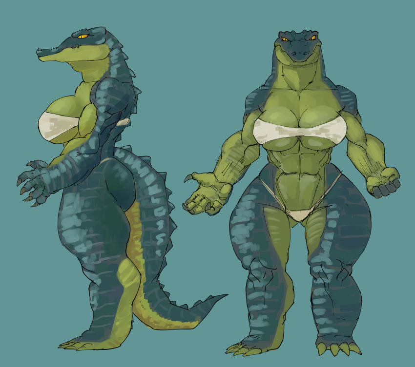 absurd_res anthro bra claws clothing crocodile crocodilian crocodylid fan_character female front_view green_body green_skin hi_res iljajop looking_at_viewer model_sheet muscular panties reptile scalie solo standing teeth thick_thighs thigh_gap underwear wide_hips yellow_eyes