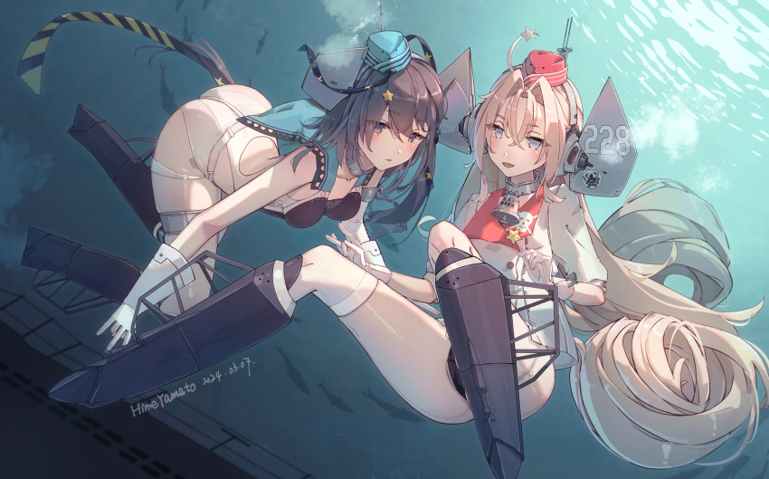 2girls aqua_headwear artist_name ass bell black_one-piece_swimsuit black_ribbon blue_eyes breasts coat competition_swimsuit dated drum_(kancolle) garrison_cap gloves grey_hair hair_ornament hair_rings hat headgear highleg highleg_swimsuit highres himeyamato kantai_collection long_hair medium_breasts multiple_girls one-piece_swimsuit open_mouth parted_bangs pink_hair red_headwear ribbon scamp_(kancolle) shorts side_ponytail smile star_(symbol) star_hair_ornament star_ornament swimsuit swimsuit_under_clothes thighs underwater white_coat white_gloves white_shorts