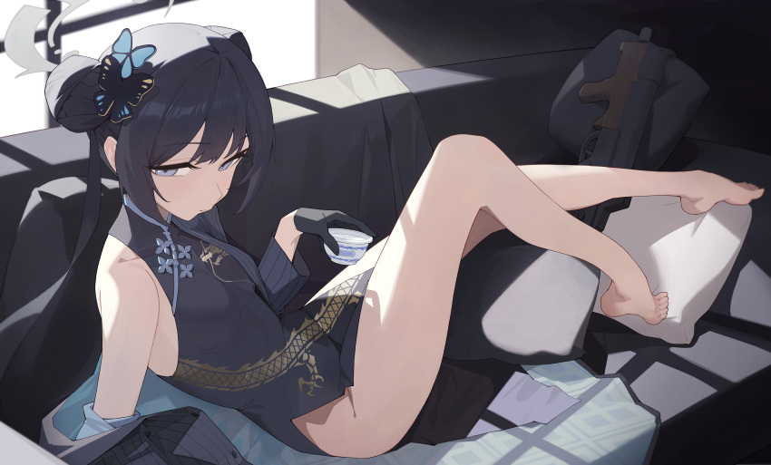 1girl absurdres ass barefoot black_dress black_gloves black_hair blue_archive blush breasts butterfly_hair_ornament china_dress chinese_clothes double_bun dragon_print dress gloves grey_eyes grey_halo gun hair_bun hair_ornament halo highres kisaki_(blue_archive) long_hair looking_at_viewer small_breasts solo sukaliya toes twintails weapon
